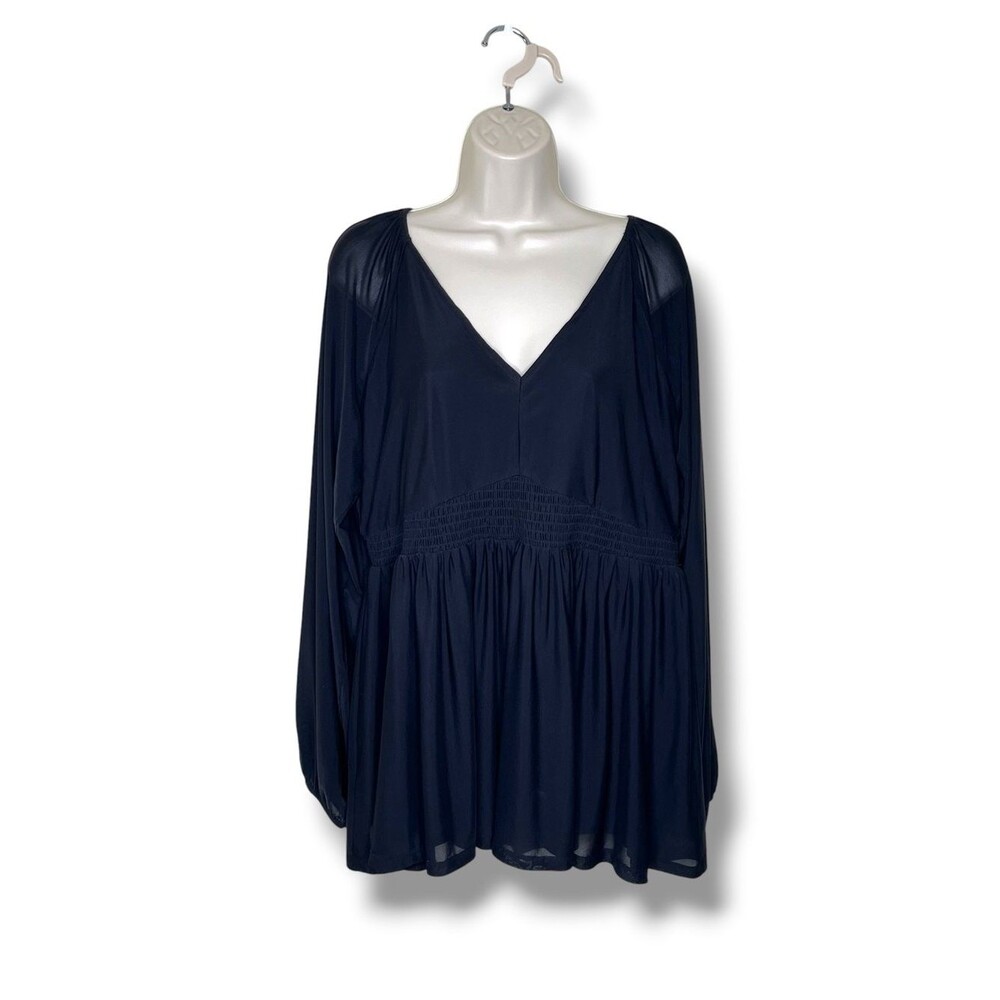 Torrid Black Smocked Waist Peplum Blouse Sheer Chiffon Long Sleeve V Neck 2X